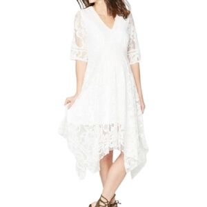 Taylor Handkerchief Hem White Lace V-Neck Bridal Shower Midi Dress - Sz S